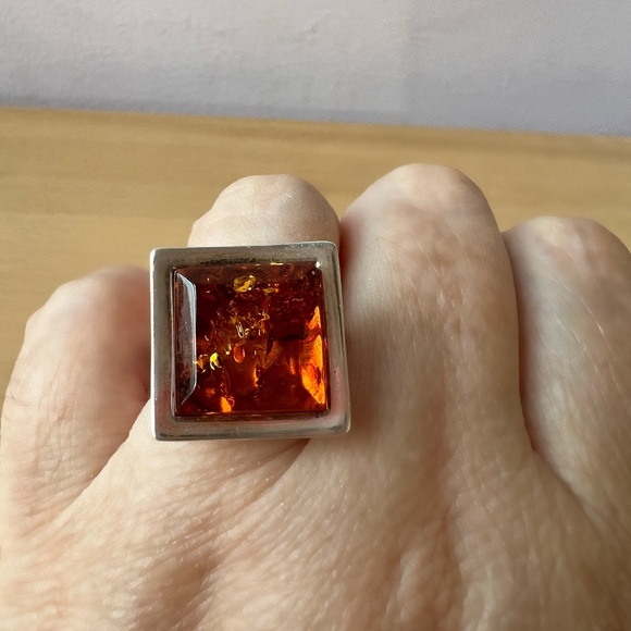 VINTAGE LARGE MODERNIST STATEMENT DESIGNER AMBER RING 925 STERLING SILVER